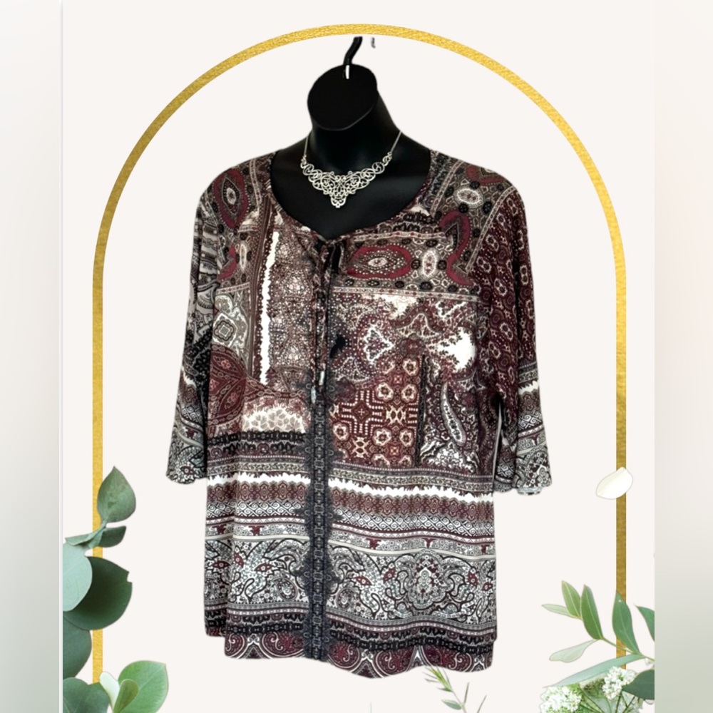 CJ Banks 1X Brown Print Stretchable Body Blouse Shirt Tunic Top Long Slv